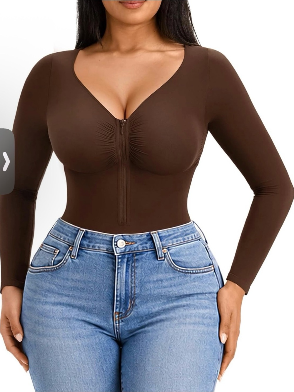 Brown Long-Sleeve Front Zip Bodysuit